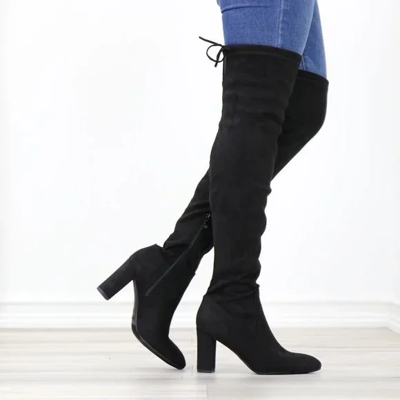 Black Thigh High Over The Knee Block High Heel Boots Pointy Toe Faux Suede - Picture 15 of 15